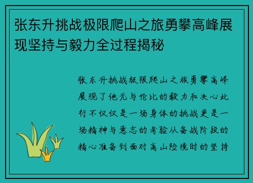 张东升挑战极限爬山之旅勇攀高峰展现坚持与毅力全过程揭秘